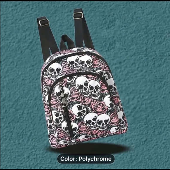 New! Women Fashion Skull & Flower Pattern Backpack, Gothic Style Daypack